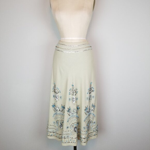 Carole Little Turquoise & Silver Beaded Sequin Midi Linen Skirt Ladies Size 6 - Picture 1 of 7